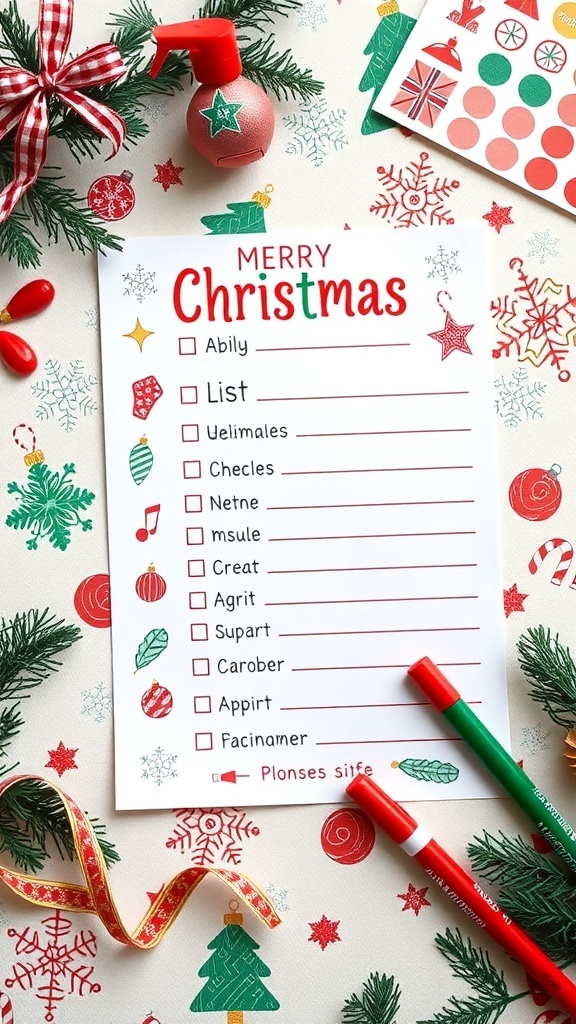 Creative Christmas List Design Ideas on Paper A creative Christmas list on decorated paper with festive designs and colorful markers.
